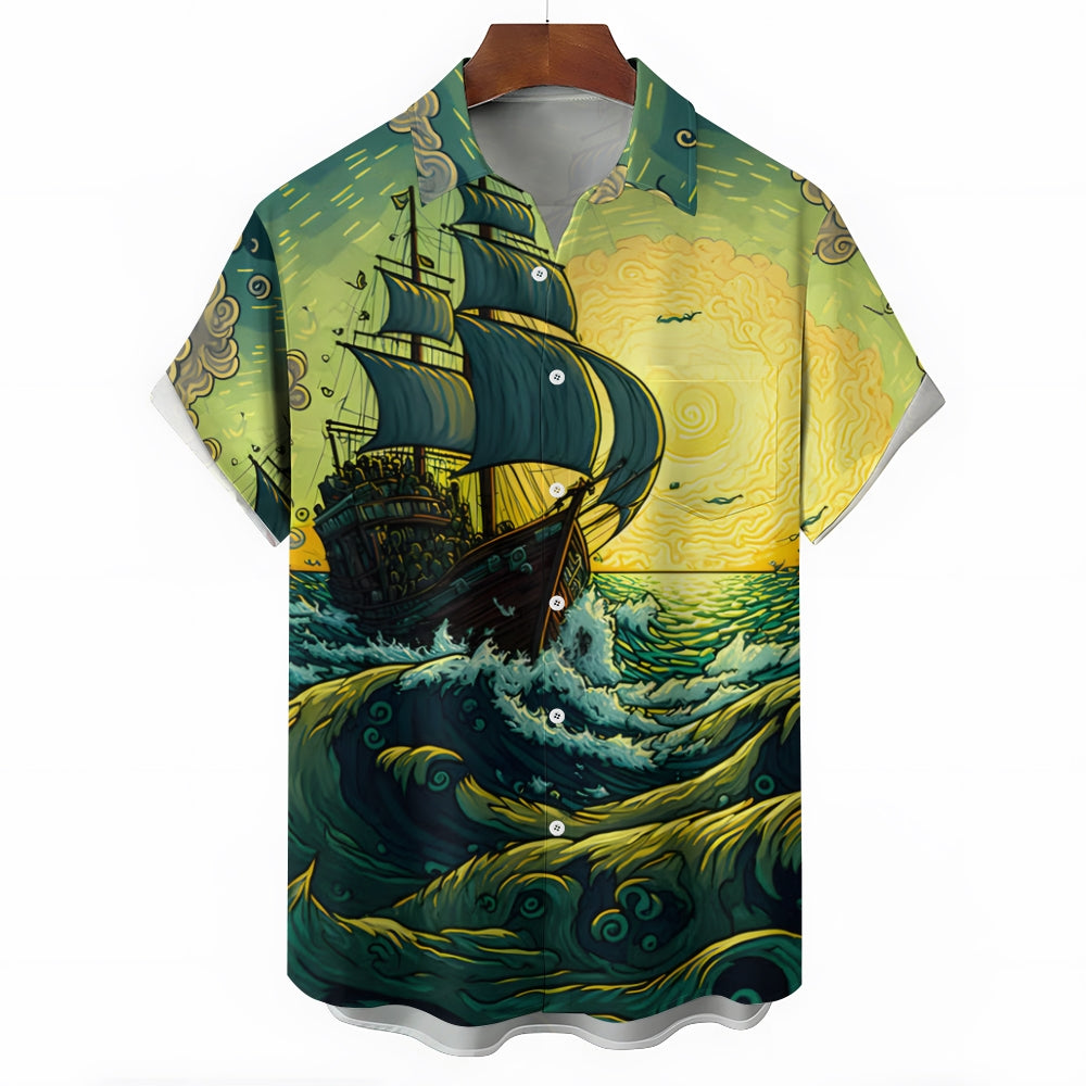 Men's Nautical Pirate Ship Casual Short Sleeve Shirt 2402000024