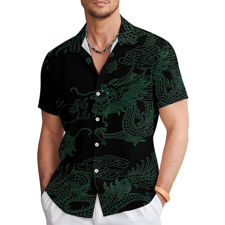 Men's Two Dragons Playing with Pearls Casual Short Sleeve Shirt 2401000087