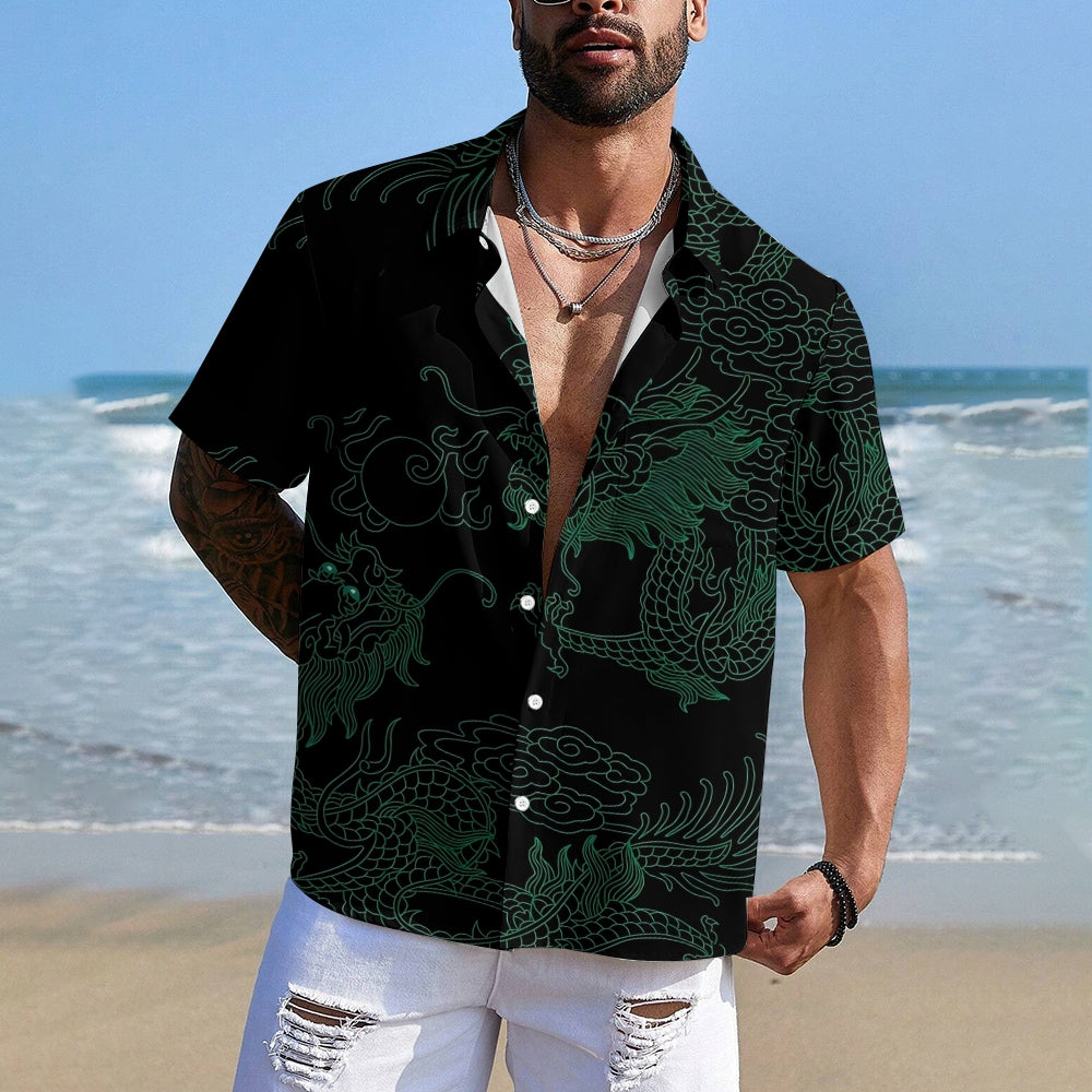 Men's Two Dragons Playing with Pearls Casual Short Sleeve Shirt 2401000087