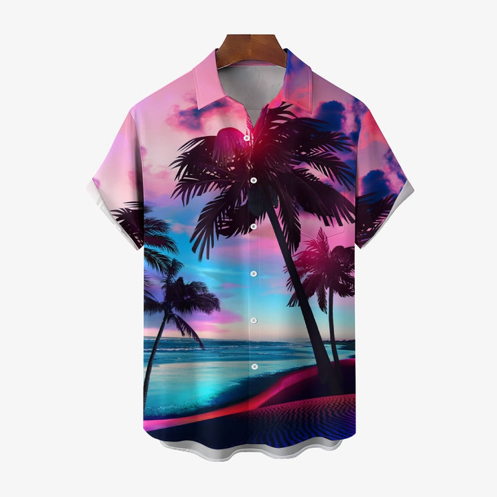 Men's Hawaiian Coconut Tree Print Large Bamboo Linen Short Sleeve Shirt 2406000087
