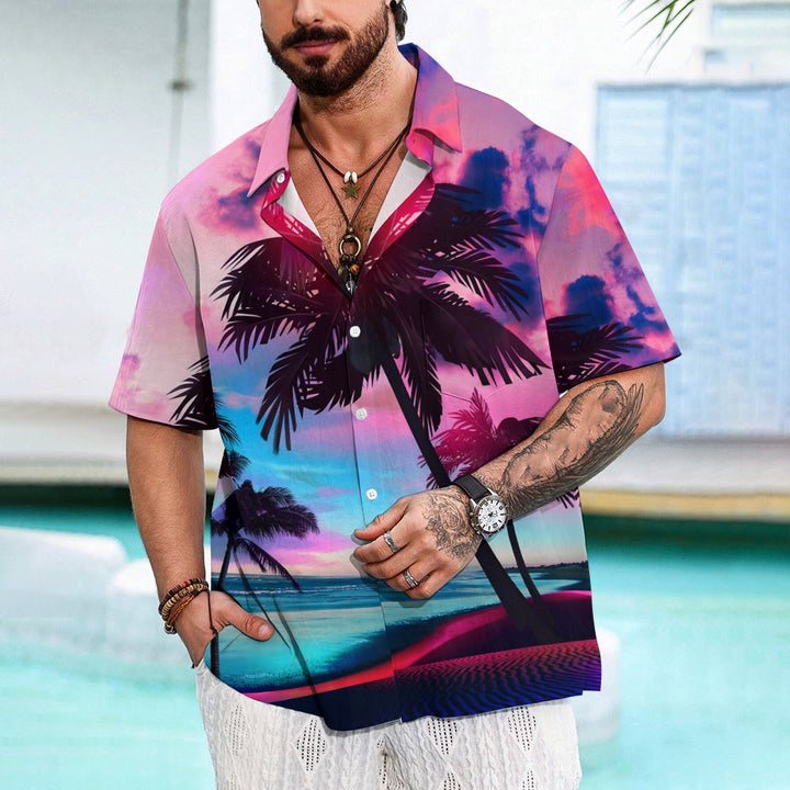Men's Hawaiian Coconut Tree Print Large Bamboo Linen Short Sleeve Shirt 2406000087