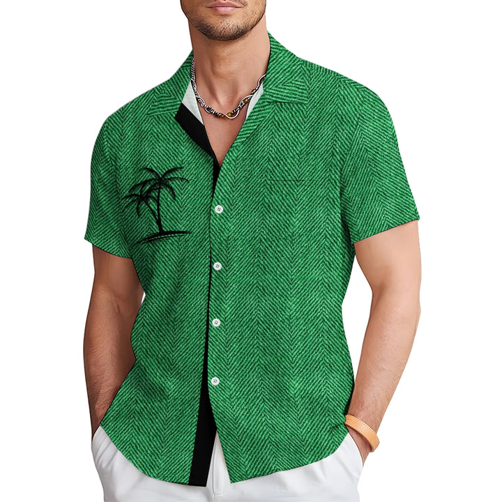 Vintage Textured Coconut Tree Print Large Bamboo Linen Short Sleeve Shirt 2406000091