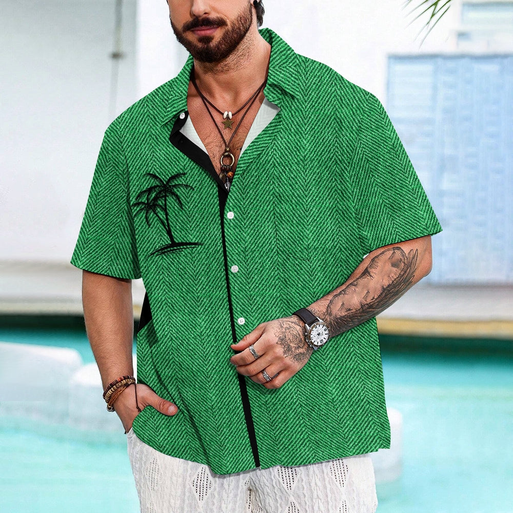 Vintage Textured Coconut Tree Print Large Bamboo Linen Short Sleeve Shirt 2406000091