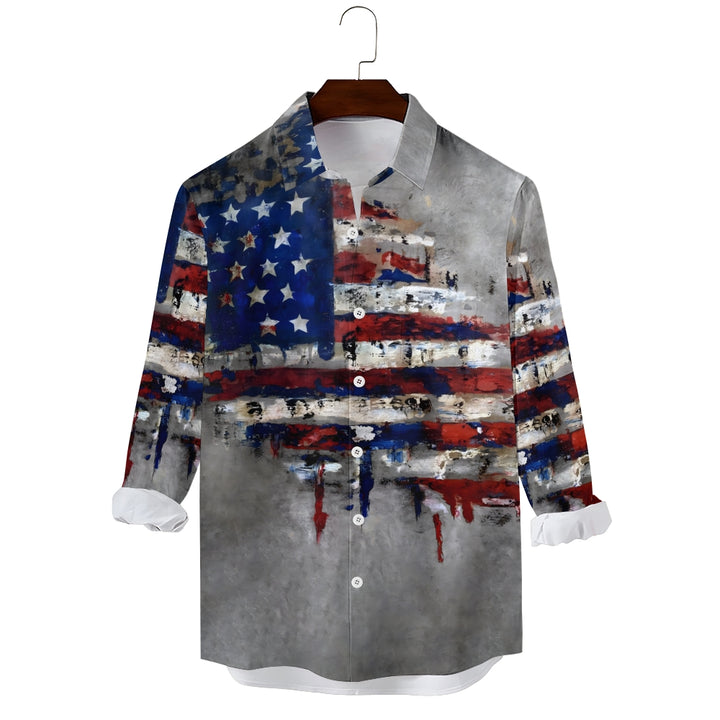 Vintage Wall Painting American Flag Printing Long Sleeve Shirt 2406000149