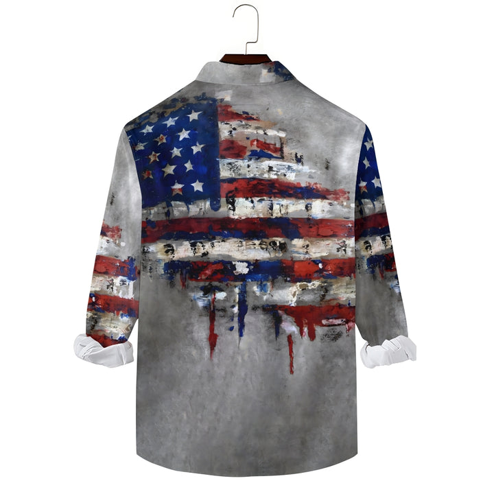 Vintage Wall Painting American Flag Printing Long Sleeve Shirt 2406000149