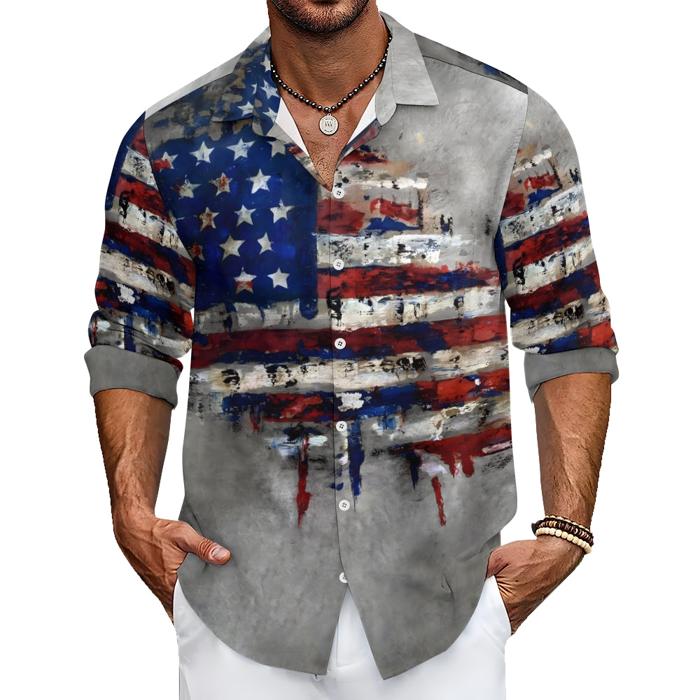 Vintage Wall Painting American Flag Printing Long Sleeve Shirt 2406000149