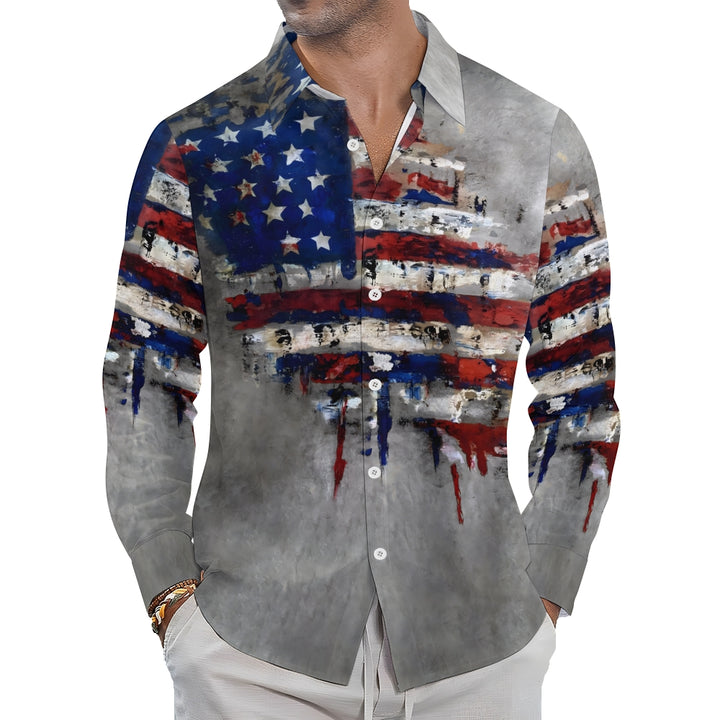 Vintage Wall Painting American Flag Printing Long Sleeve Shirt 2406000149