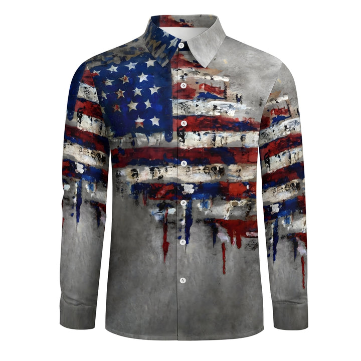 Vintage Wall Painting American Flag Printing Long Sleeve Shirt 2406000149