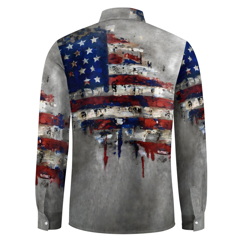 Vintage Wall Painting American Flag Printing Long Sleeve Shirt 2406000149