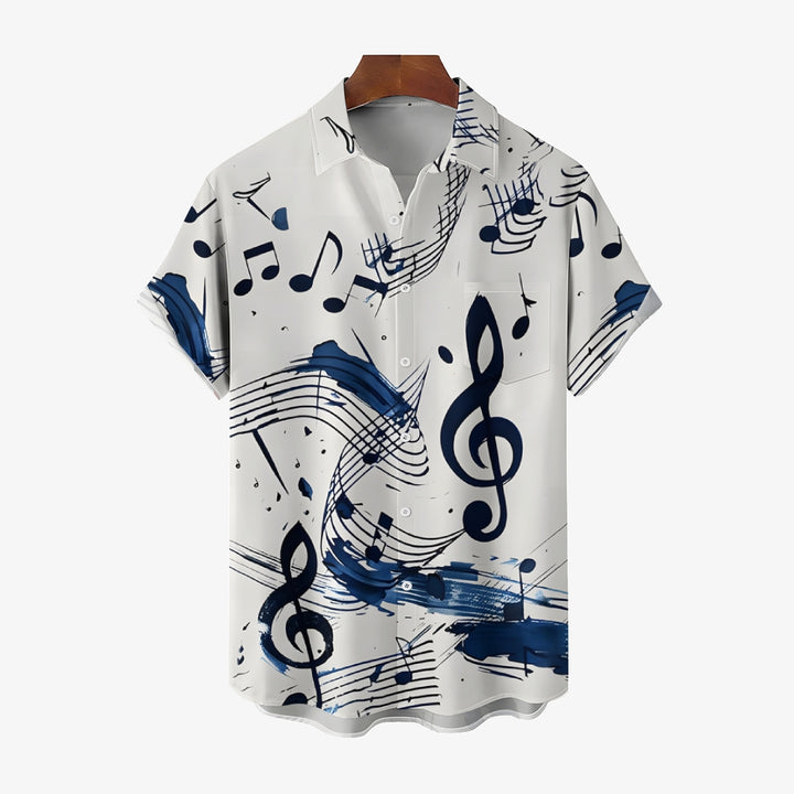 Musical Note Printed Oversized Shirt Bamboo Linen Short Sleeve Shirt 2406000154