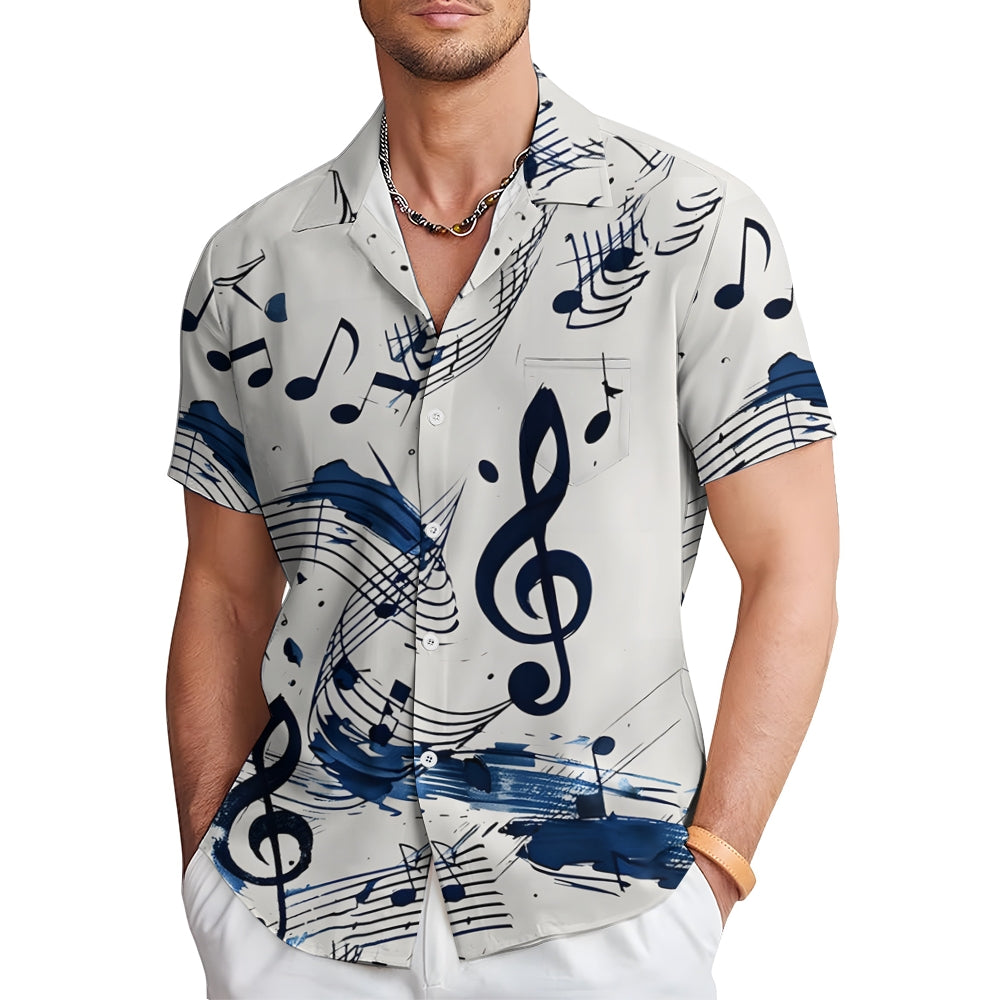 Musical Note Printed Oversized Shirt Bamboo Linen Short Sleeve Shirt 2406000154