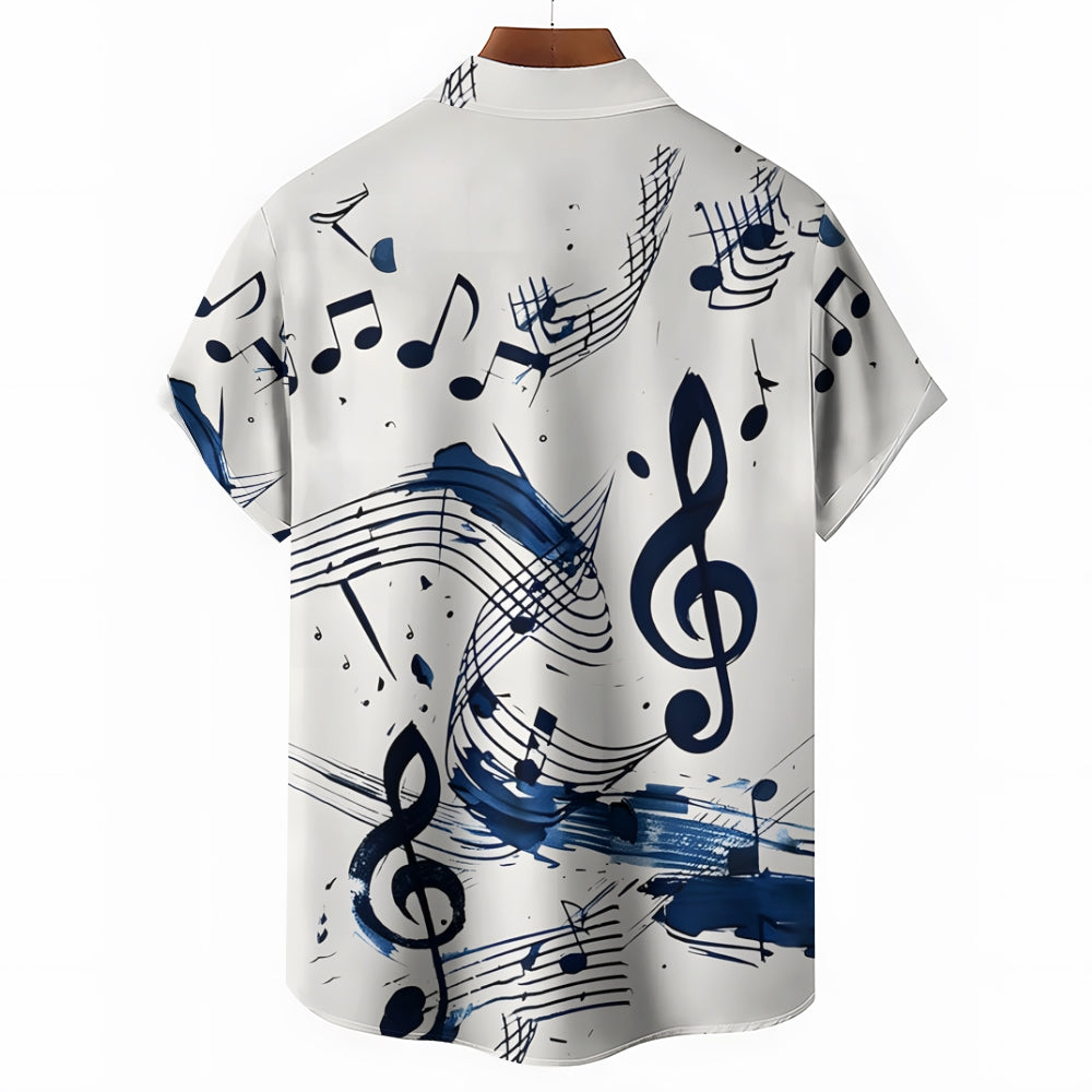 Musical Note Printed Oversized Shirt Bamboo Linen Short Sleeve Shirt 2406000154