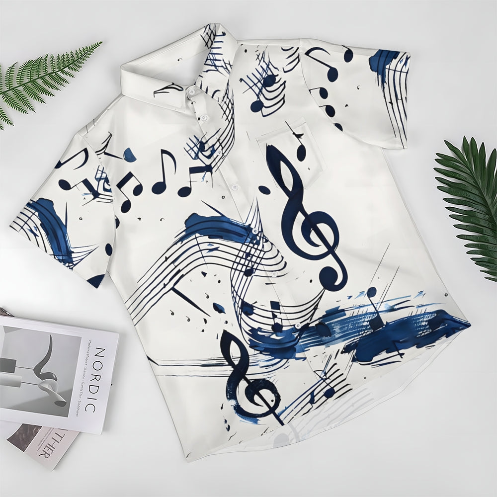 Musical Note Printed Oversized Shirt Bamboo Linen Short Sleeve Shirt 2406000154