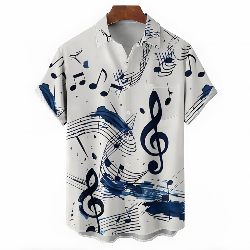 Musical Note Printed Oversized Shirt Bamboo Linen Short Sleeve Shirt 2406000154