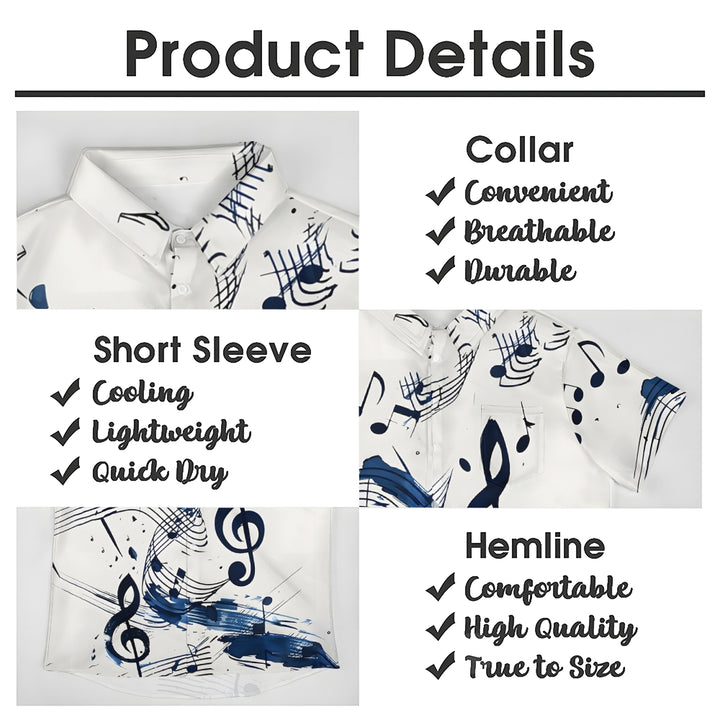 Musical Note Printed Oversized Shirt Bamboo Linen Short Sleeve Shirt 2406000154