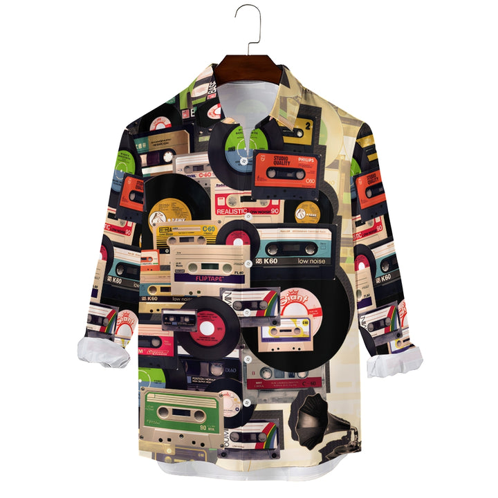 Men's Casual Music Tape Vinyl RecordPrinted Long Sleeve Shirt 2312000317