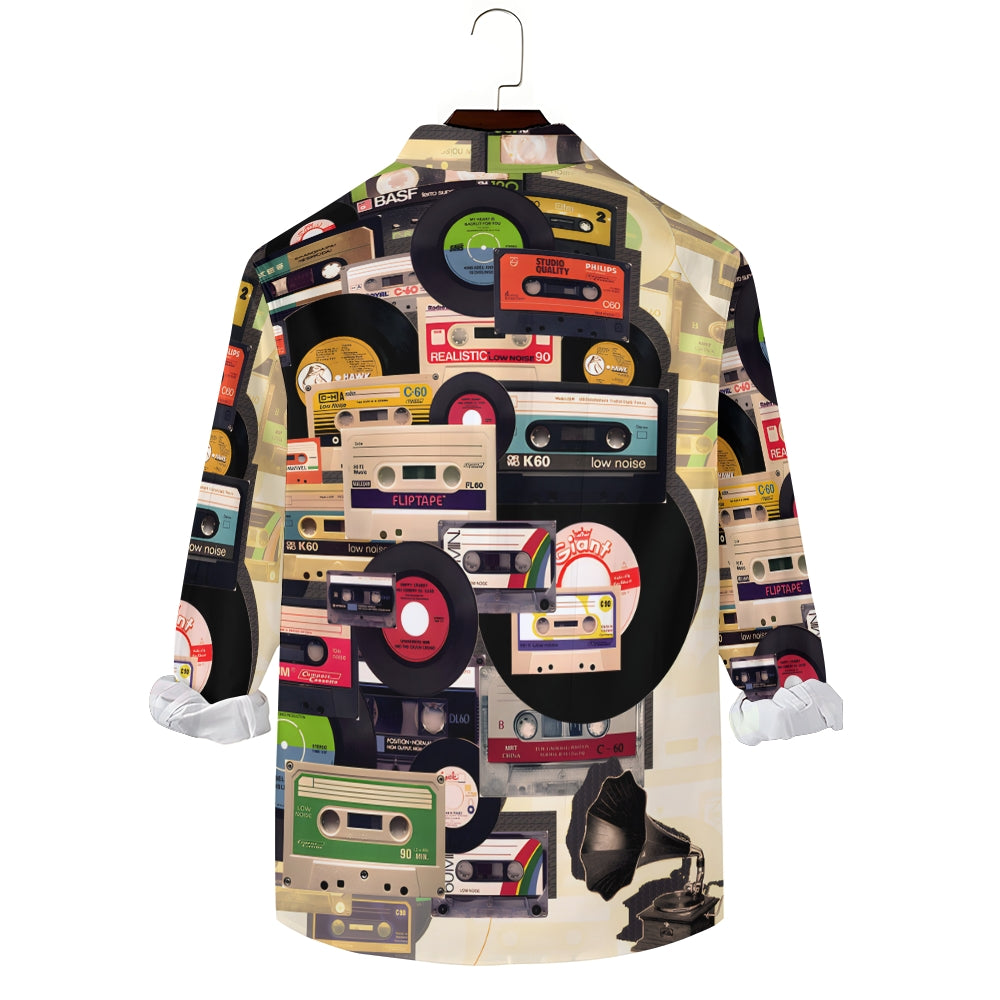 Men's Casual Music Tape Vinyl RecordPrinted Long Sleeve Shirt 2312000317