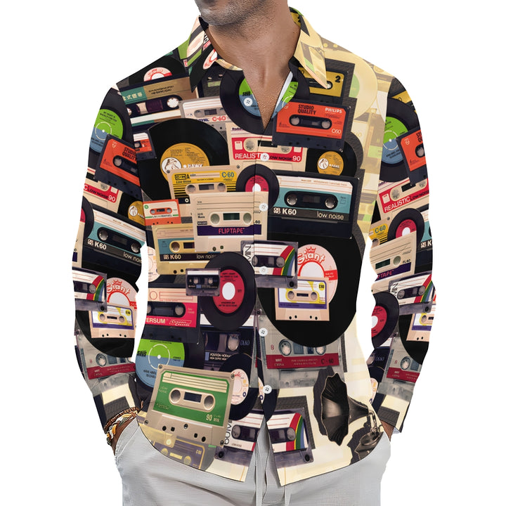 Men's Casual Music Tape Vinyl RecordPrinted Long Sleeve Shirt 2312000317