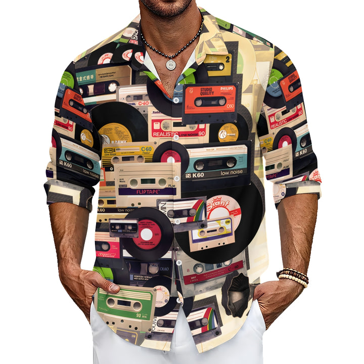 Men's Casual Music Tape Vinyl RecordPrinted Long Sleeve Shirt 2312000317