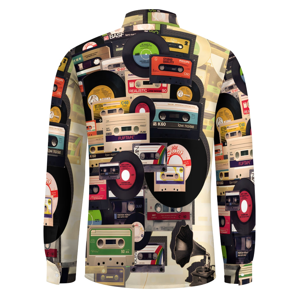 Men's Casual Music Tape Vinyl RecordPrinted Long Sleeve Shirt 2312000317