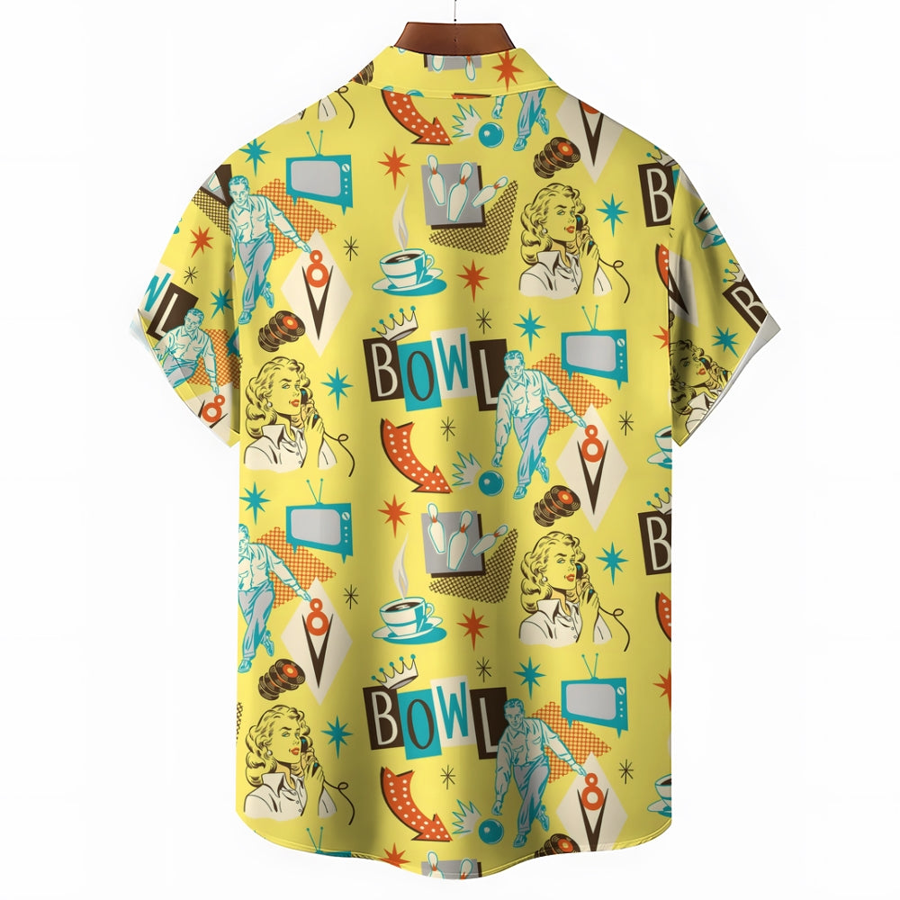 Bowling Illustration Large Size Bamboo Hemp Short-Sleeved Shirt 2406000407