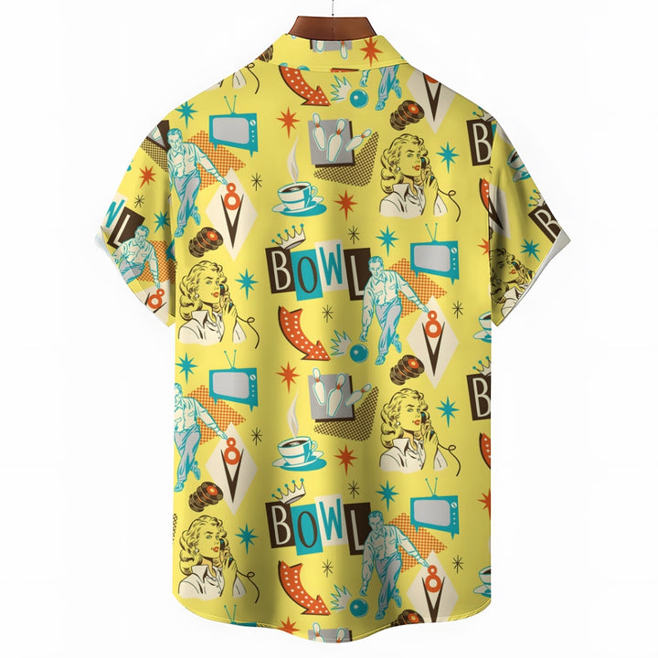 Bowling Illustration Large Size Bamboo Hemp Short-Sleeved Shirt 2406000407