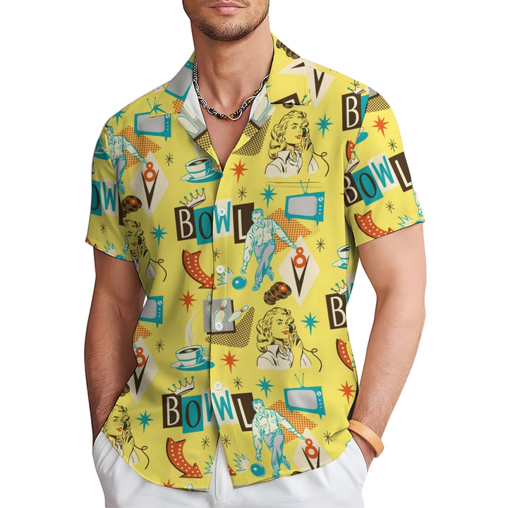 Bowling Illustration Large Size Bamboo Hemp Short-Sleeved Shirt 2406000407