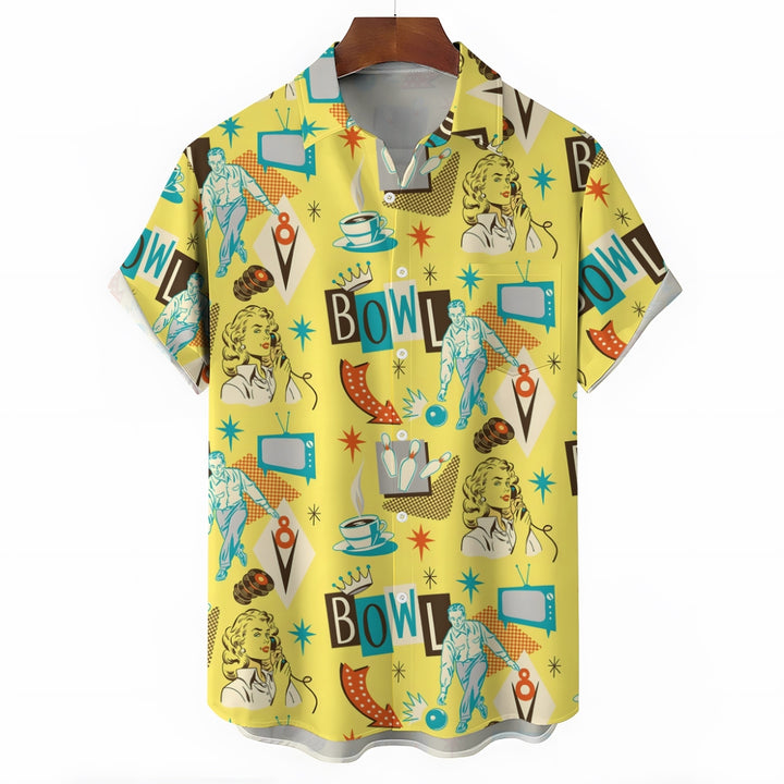 Bowling Illustration Large Size Bamboo Hemp Short-Sleeved Shirt 2406000407