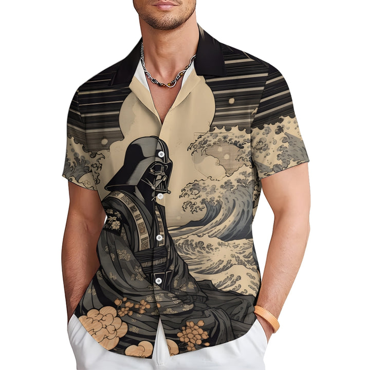 Ukiyo-e Warrior Print Large Bamboo Linen Short Sleeve Shirt 2406000412