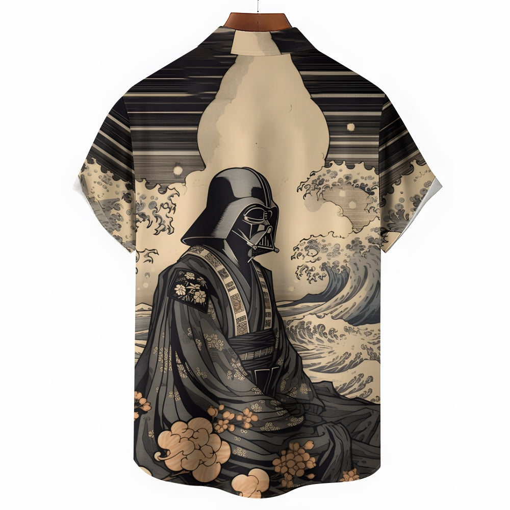Ukiyo-e Warrior Print Large Bamboo Linen Short Sleeve Shirt 2406000412
