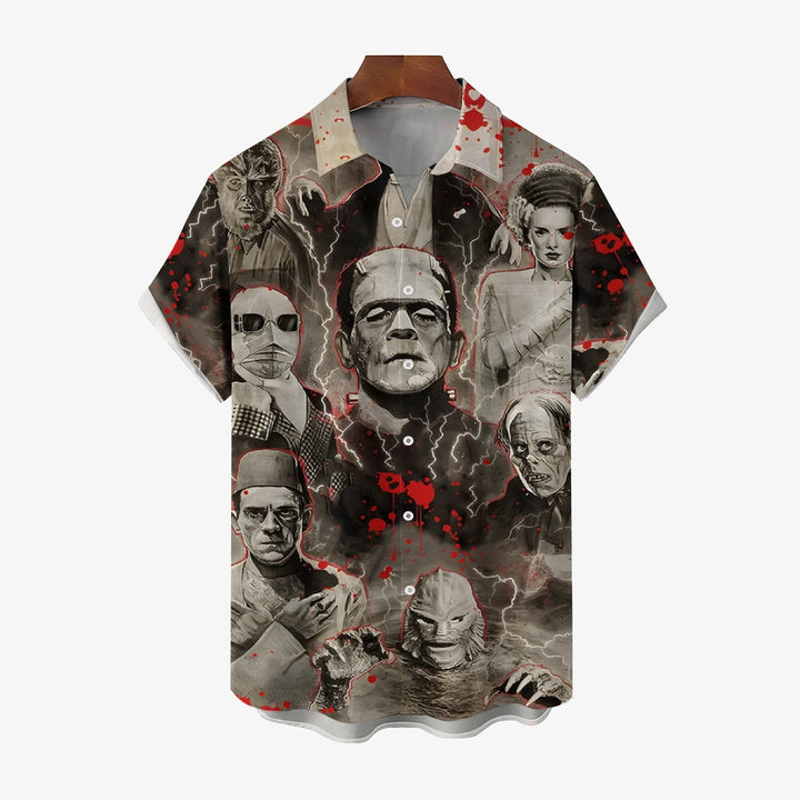 Horror Character Print Bamboo Linen Short Sleeve Shirt 2406000409