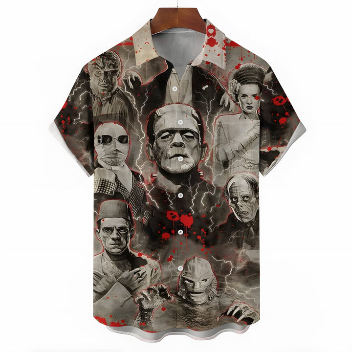 Horror Character Print Bamboo Linen Short Sleeve Shirt 2406000409