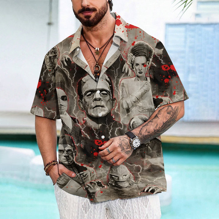 Horror Character Print Bamboo Linen Short Sleeve Shirt 2406000409