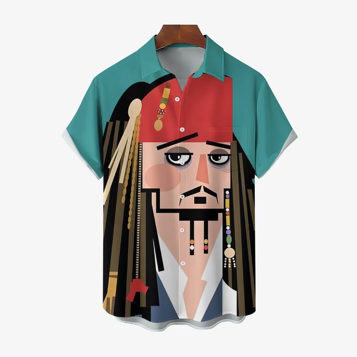 Pirates Abstract Art Print Large Bamboo Linen Short Sleeve Shirt 2406000408