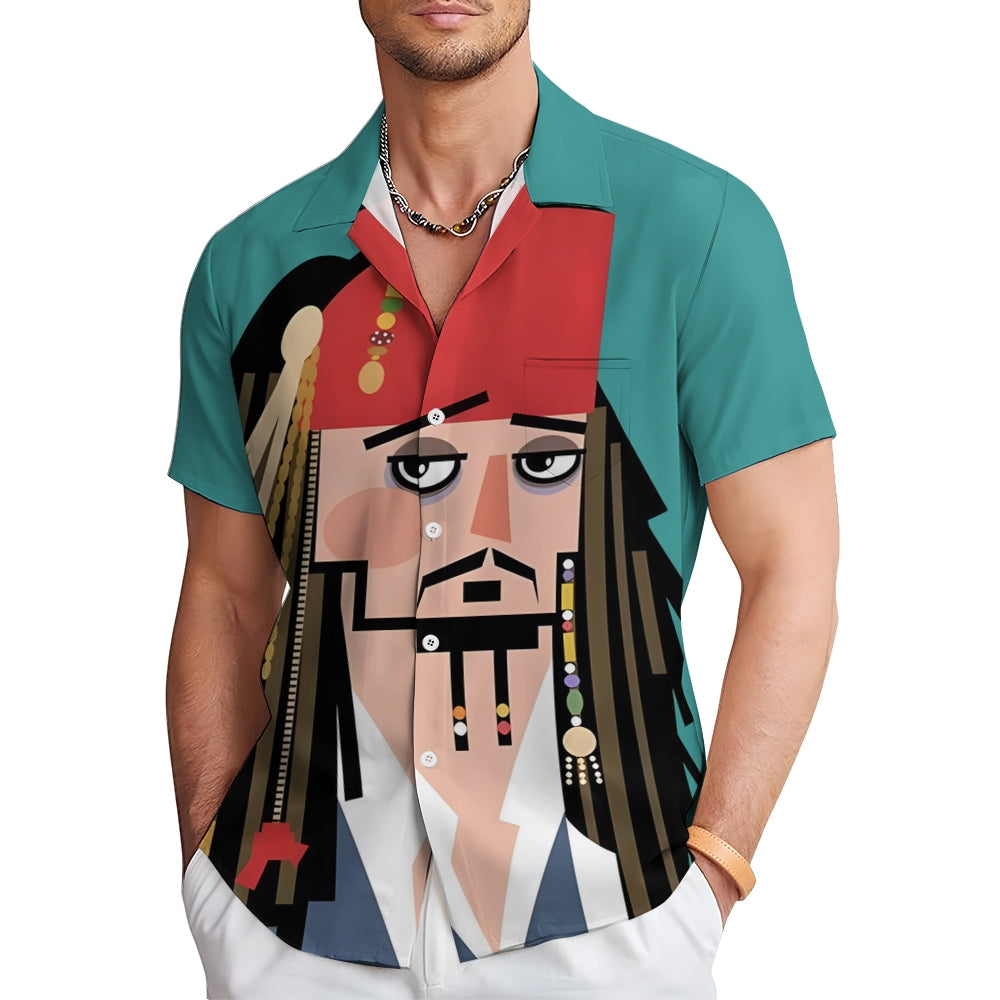 Pirates Abstract Art Print Large Bamboo Linen Short Sleeve Shirt 2406000408