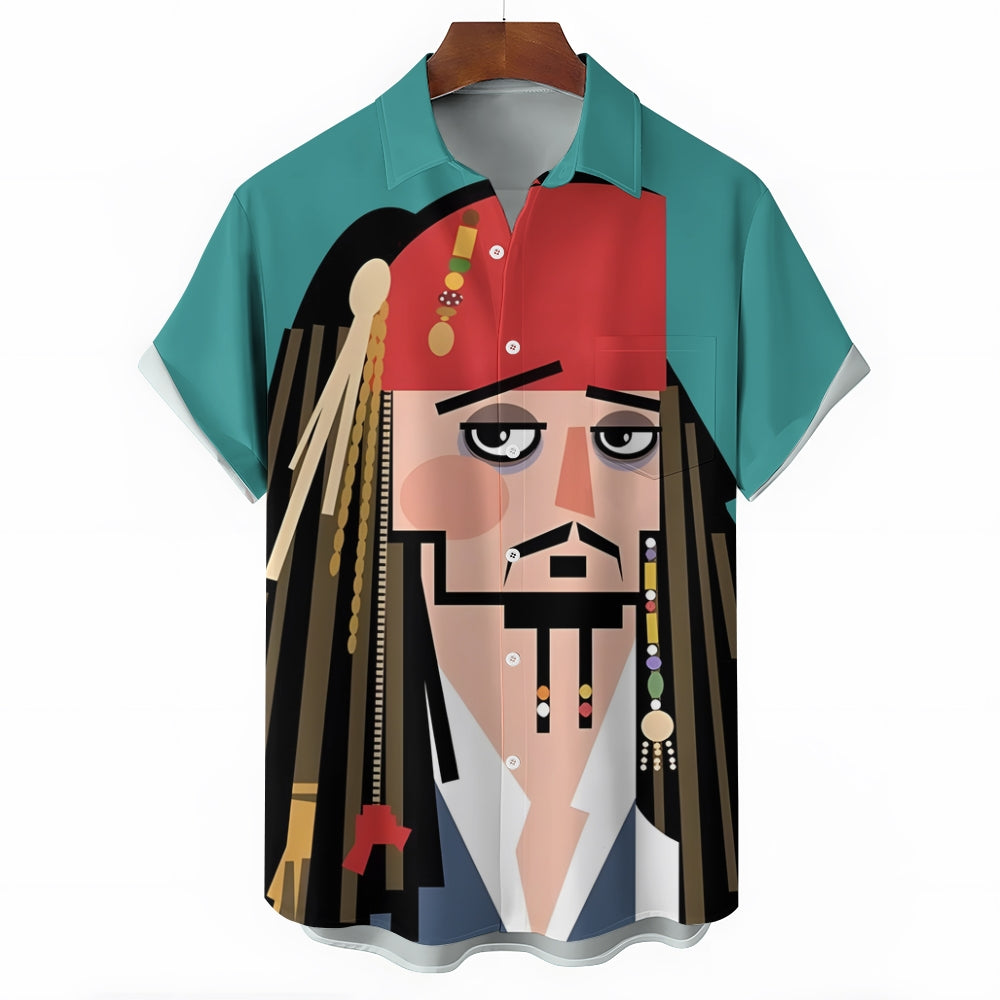 Pirates Abstract Art Print Large Bamboo Linen Short Sleeve Shirt 2406000408