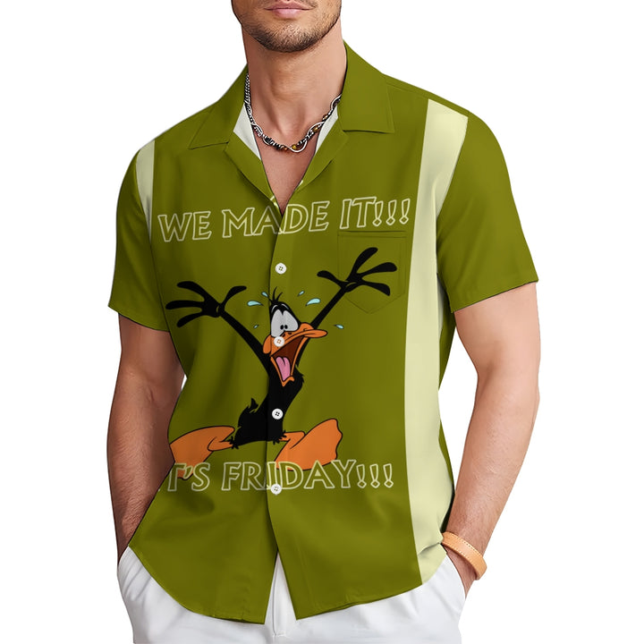 Men's Cartoon Character Print Large Bamboo Linen Short Sleeve Shirt 2406000556