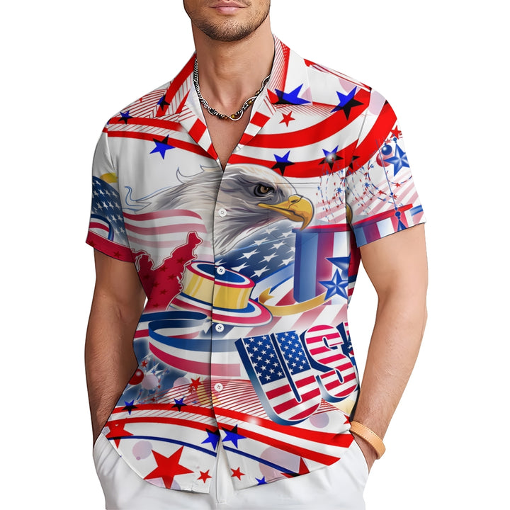 Independence Day Eagle American Flag Print Short Sleeve Shirt 2406000577