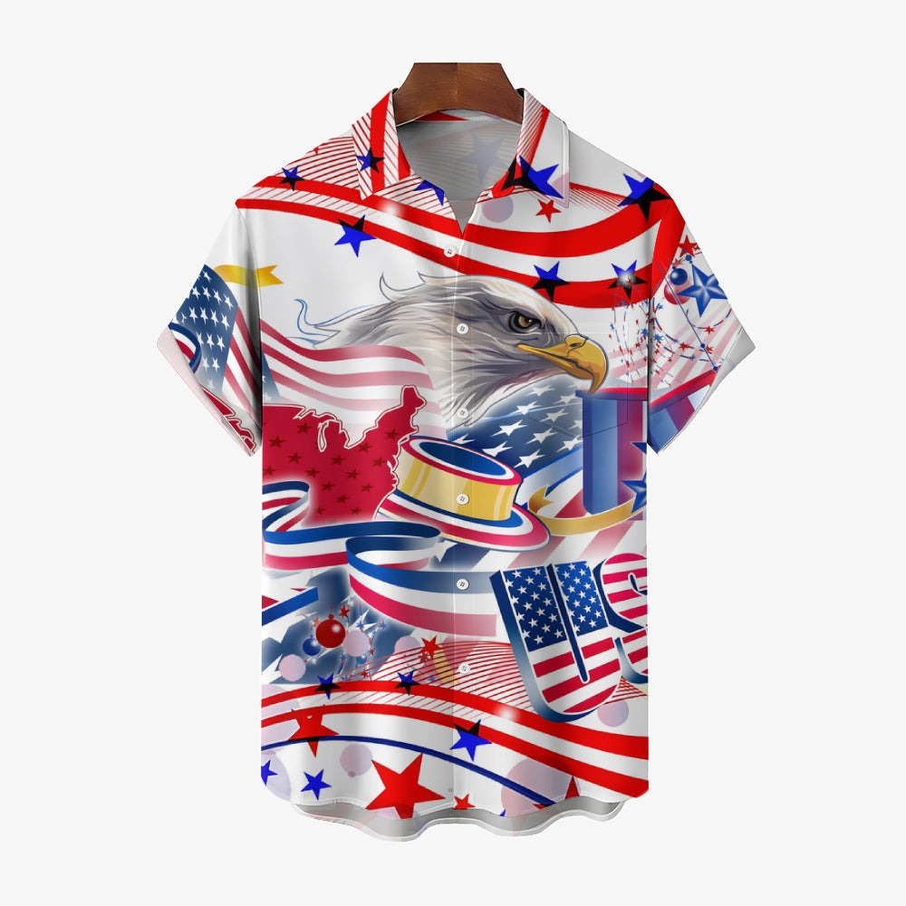 Independence Day Eagle American Flag Print Short Sleeve Shirt 2406000577