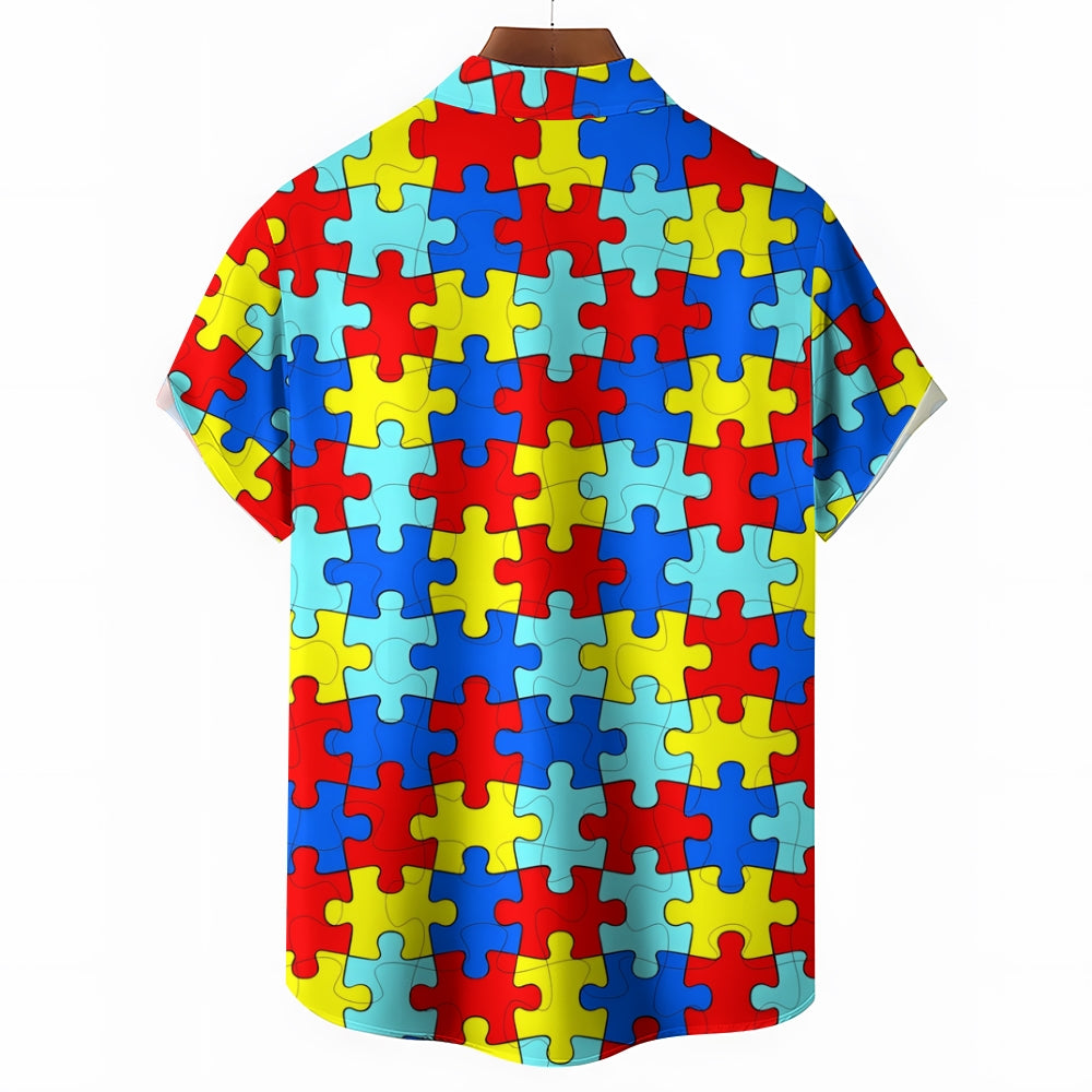 Puzzle Print Casual Short Sleeve Shirt 2402000163
