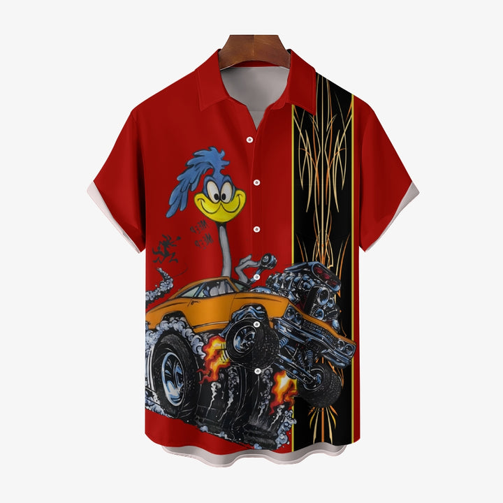 Classic Cartoon Modified Car Pinstripe Contrast Short Sleeve Shirt 2406000597