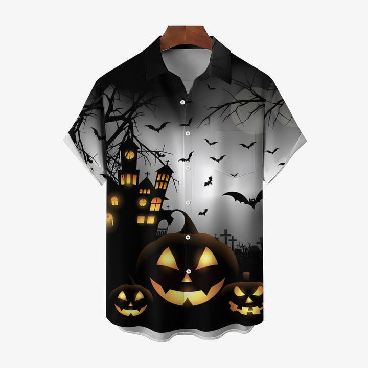 Halloween Spooky Pumpkin Bat Oversized Chest Pocket Short Sleeve Shirt 2308100316