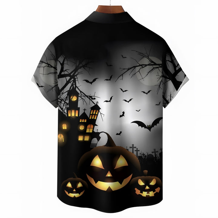 Halloween Spooky Pumpkin Bat Oversized Chest Pocket Short Sleeve Shirt 2308100316