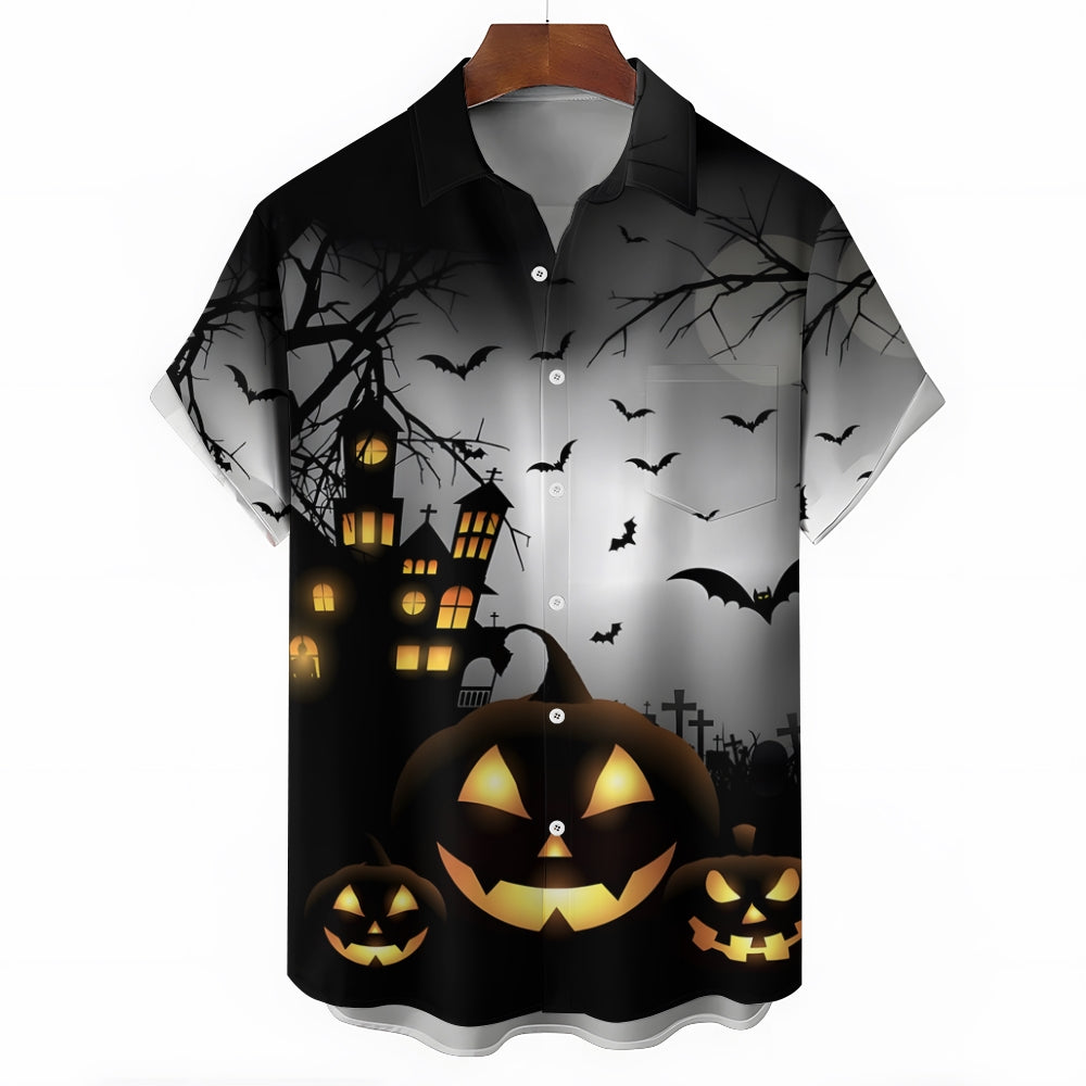 Halloween Spooky Pumpkin Bat Oversized Chest Pocket Short Sleeve Shirt 2308100316