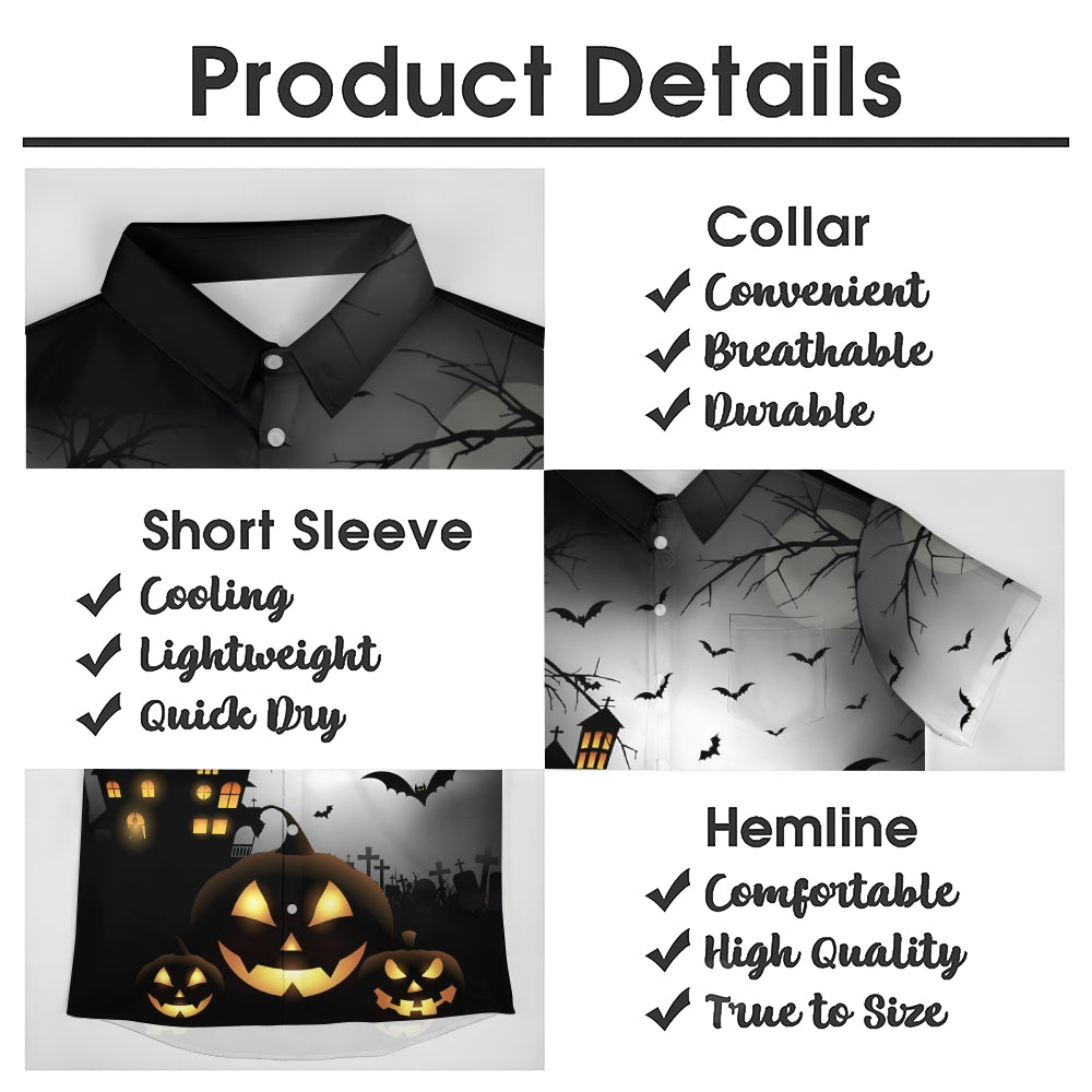 Halloween Spooky Pumpkin Bat Oversized Chest Pocket Short Sleeve Shirt 2308100316