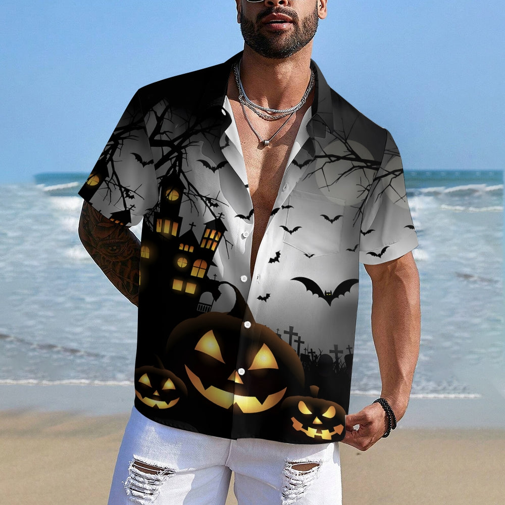 Halloween Spooky Pumpkin Bat Oversized Chest Pocket Short Sleeve Shirt 2308100316