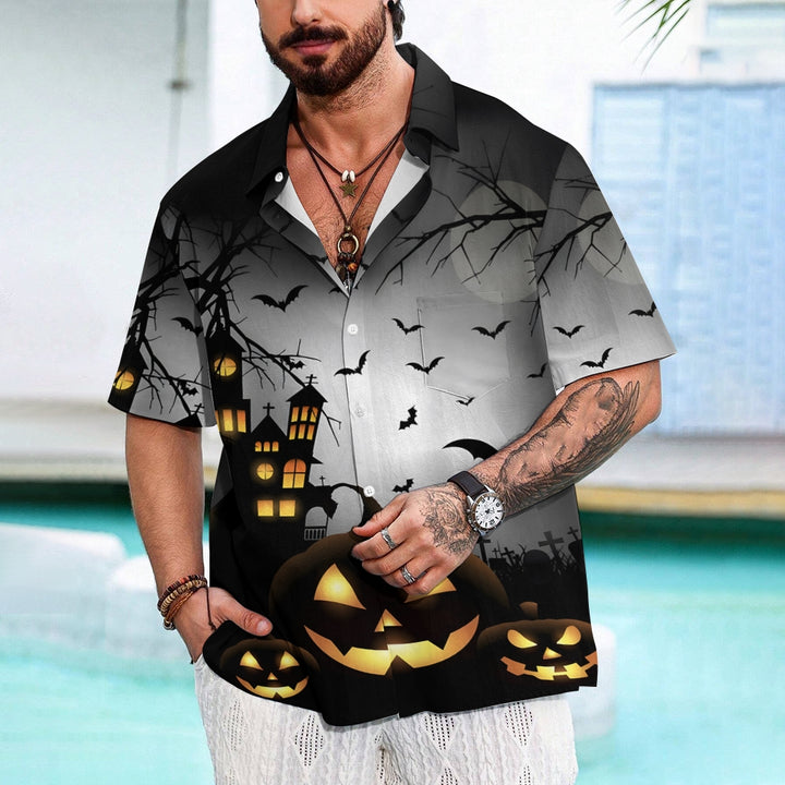 Halloween Spooky Pumpkin Bat Oversized Chest Pocket Short Sleeve Shirt 2308100316