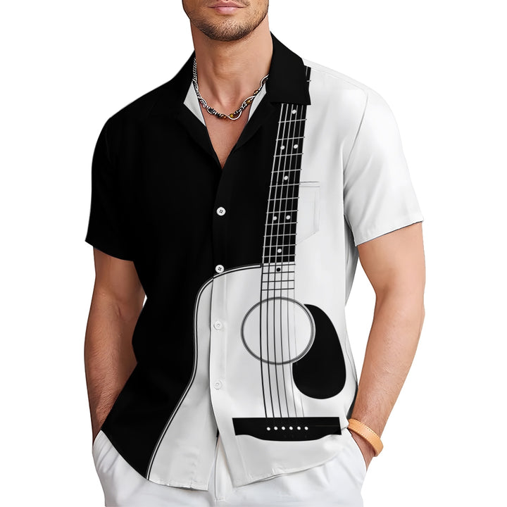 Music Guitar Print Large Bamboo Hemp Short Sleeve Shirt 2406000716