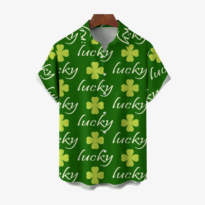 St. Patrick's Day Lucky Four Leaf Clover Casual Short Sleeve Shirt 2312000376