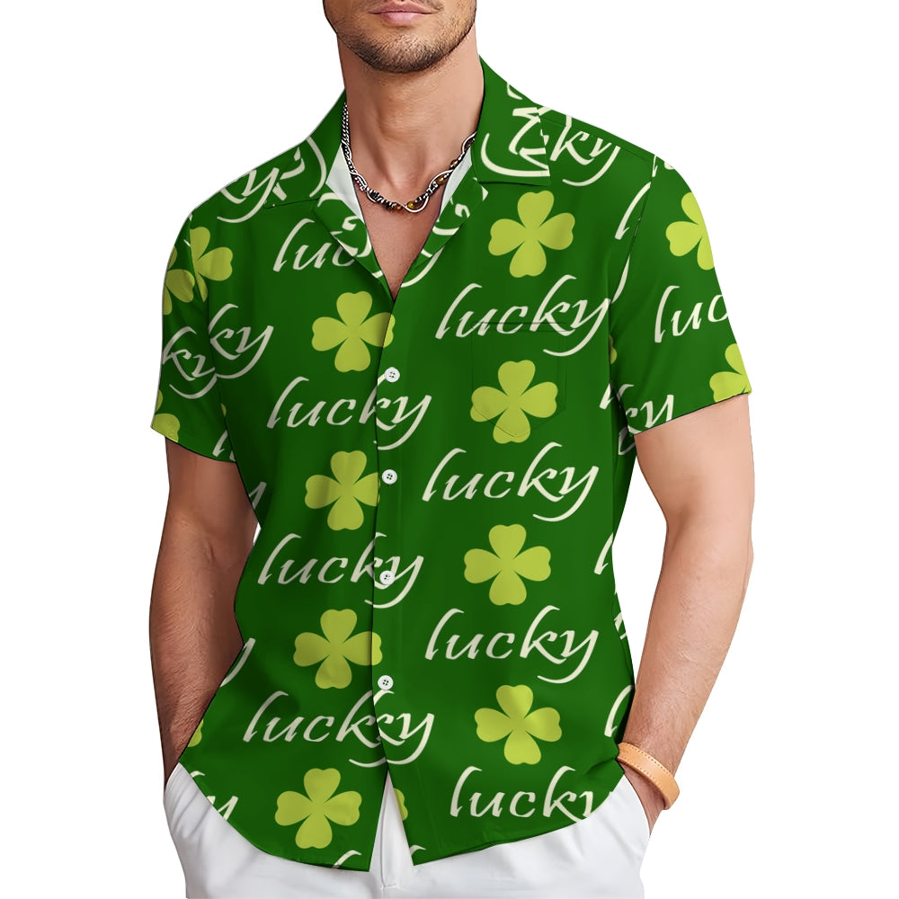 St. Patrick's Day Lucky Four Leaf Clover Casual Short Sleeve Shirt 2312000376